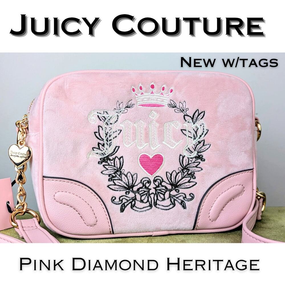 Juicy Couture Pink Diamond Heritage Crossbody Bag Velour Embroidered Heart NEW